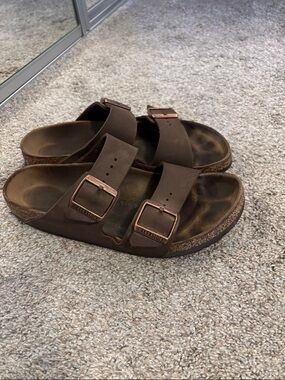 Birkenstock Arizona Two-Strap Sandals in Brown with Copper Buckles 9